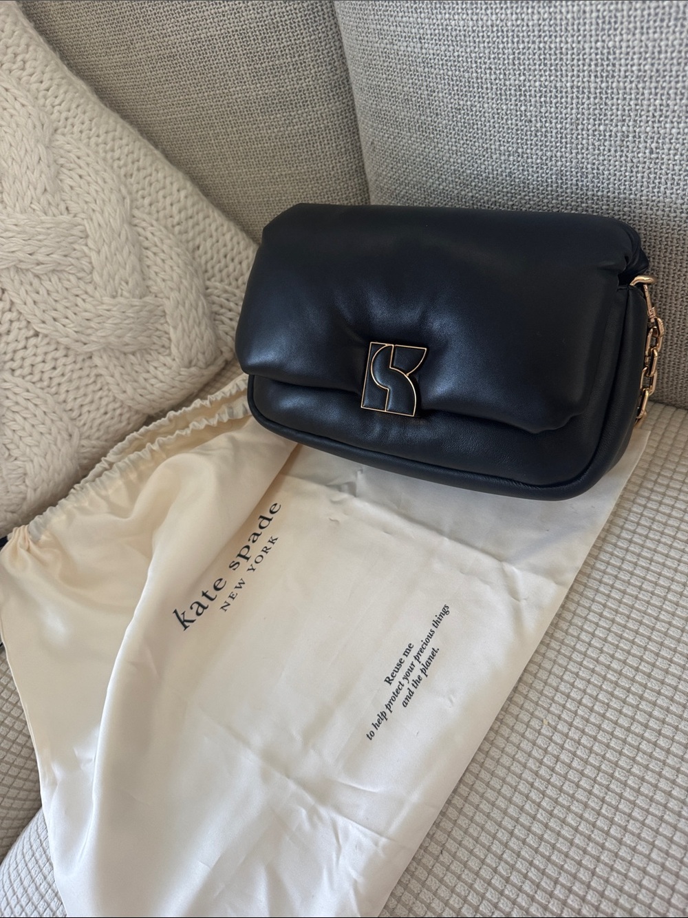 kate spade Black Padded Leather Shoulder Bag with Gold Logo